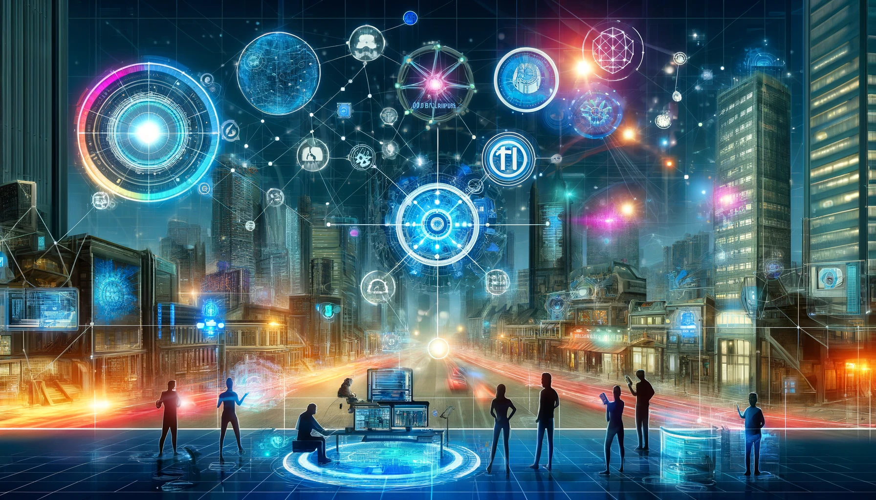 DALL·E 2024-06-07 23.18.47 - A futuristic scene representing Web 3.0. The image should include elements like decentralized networks, blockchain, and digital assets. Show a high-te